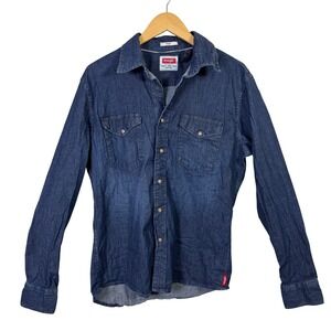 Wrangler Mens Shirt Medium Indigo Denim Western Long Sleeve Button Up Pearl Snap